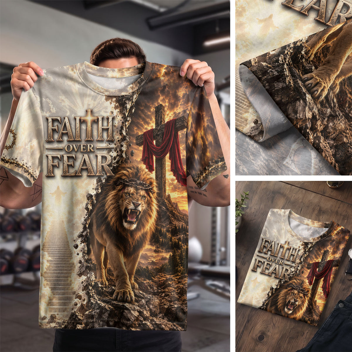 Inspirational Faith Over Fear Lion Cross Christian Graphic Athletic Team Shirt Top