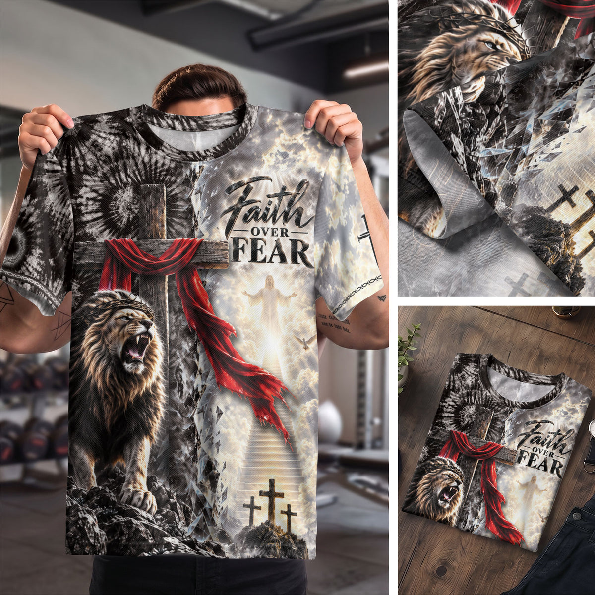 Spiritual Faith Over Fear Lion Cross Christian Graphic Athletic Team Shirt Top Garment