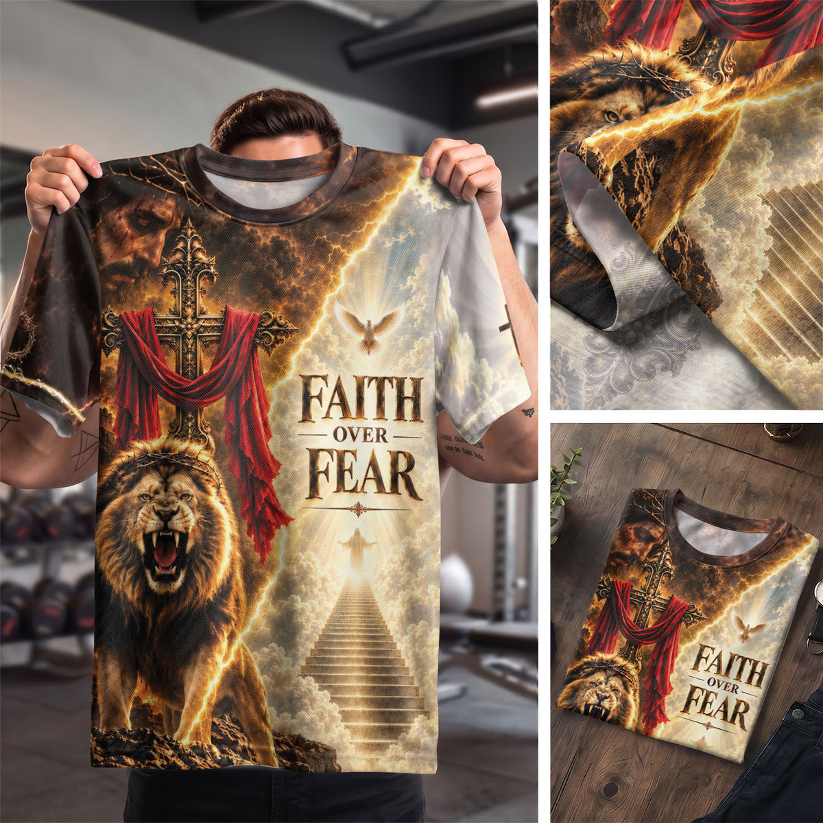 Devotional Faith Over Fear Lion Cross Christian Graphic Athletic Team Shirt Top Garment