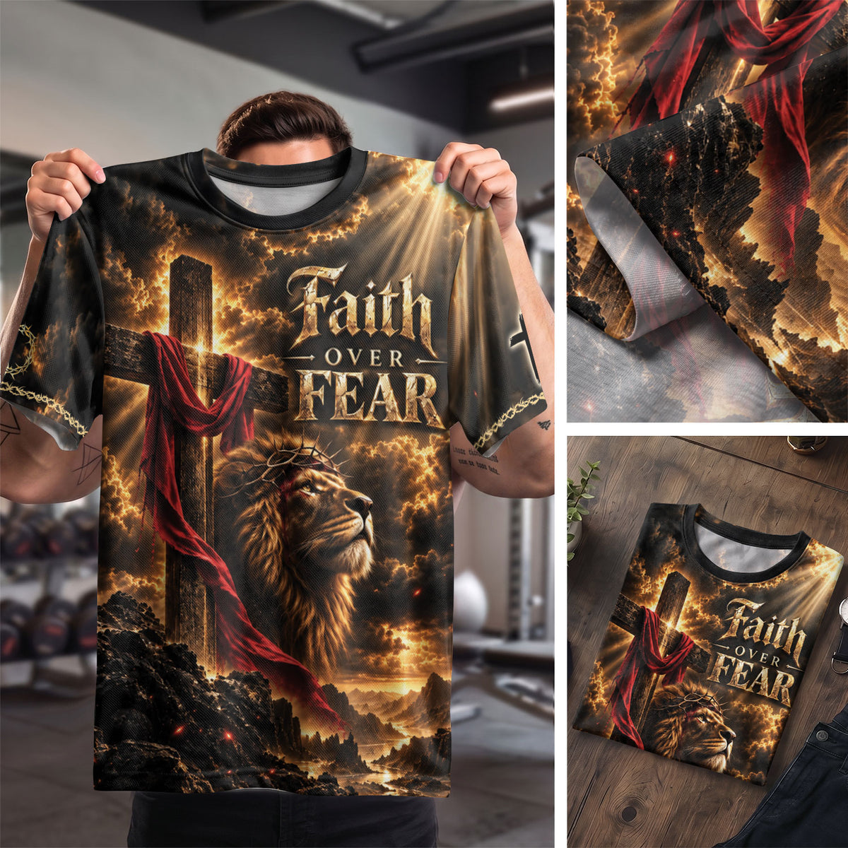 Steadfast Faith Over Fear Lion Cross Christian Graphic Athletic Team Shirt Top Garment