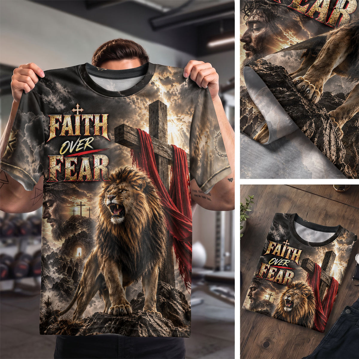 Unyielding Faith Over Fear Lion Cross Christian Graphic Apparel Shirt Top Garment Outfit