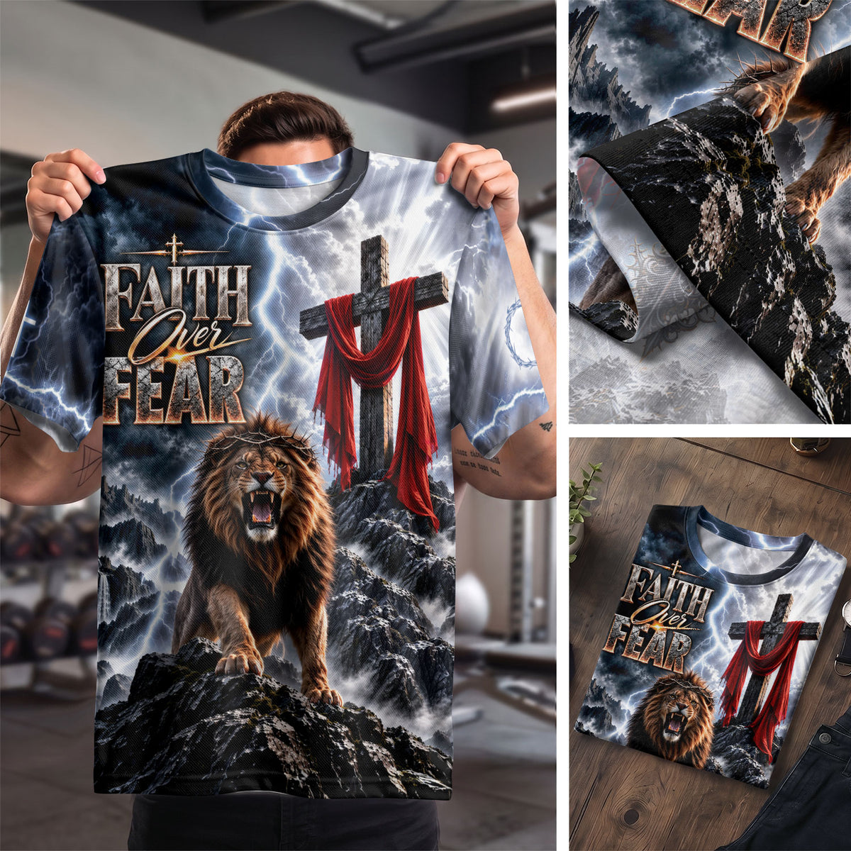 Powerful Faith Over Fear Lion Cross Christian Graphic Apparel Shirt Top Garment Outfit