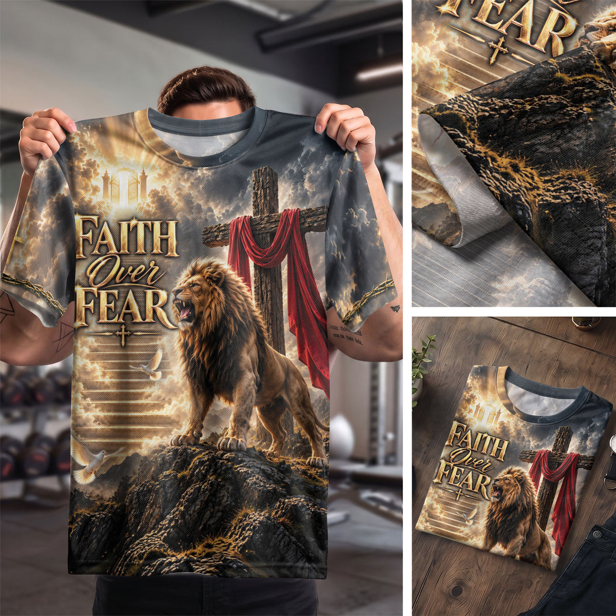Heavenly Faith Over Fear Lion Dove Christian Graphic Apparel Shirt Top Garment Outfit