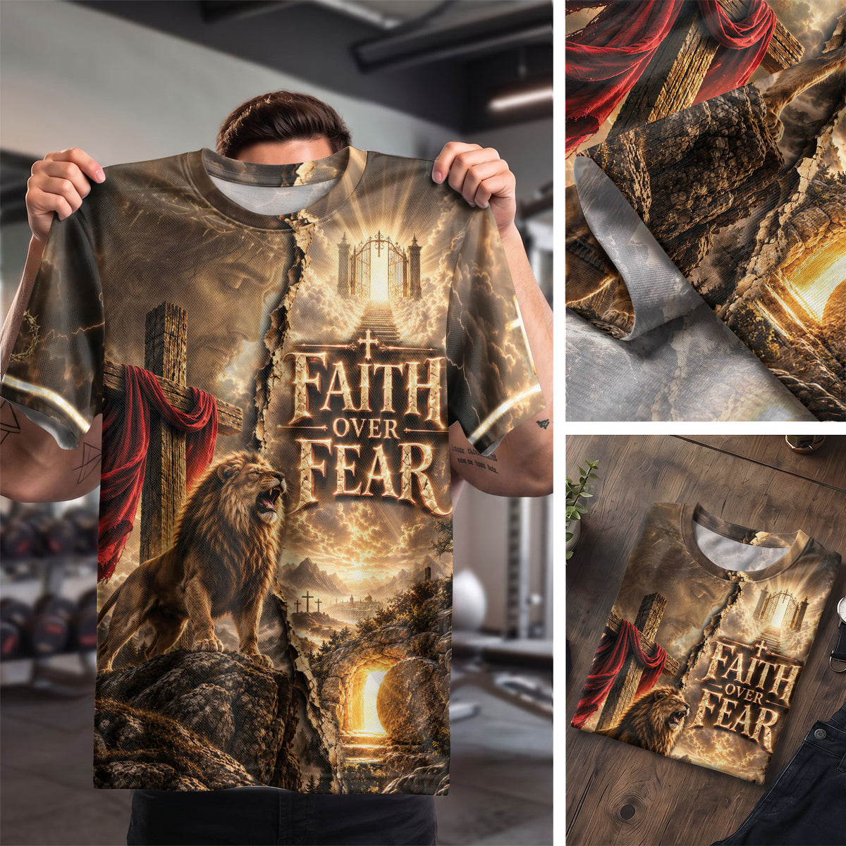 Divided Faith Over Fear Lion Cross Christian Graphic Apparel Shirt Top Garment Outfit