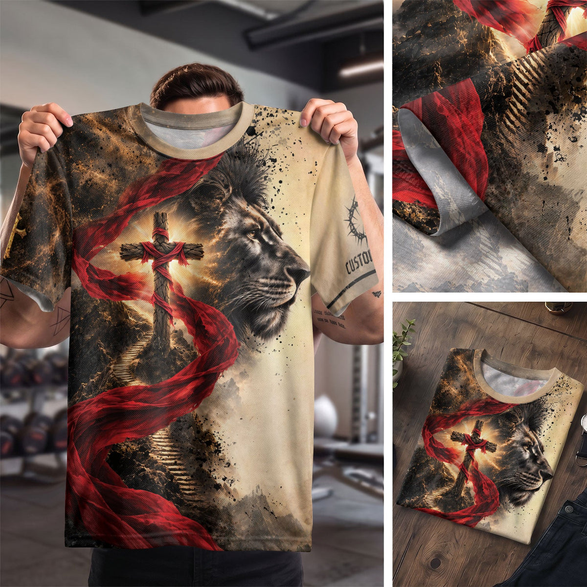 Christian T Shirt Faith Over Fear Lion Cross Personalized Name 3D Graphic Tee Gift - Rust Field Wear