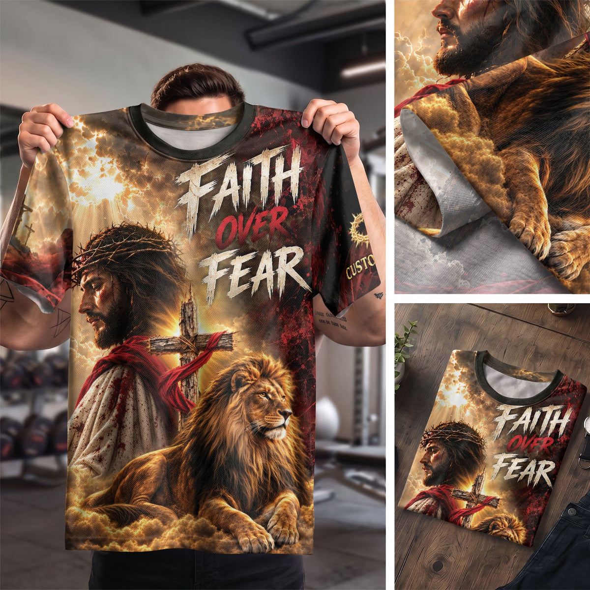 Christian T Shirt Faith Over Fear Jesus Lion Cross Crown Of Thorns Custom Name 3D Tee - Rust Field Wear