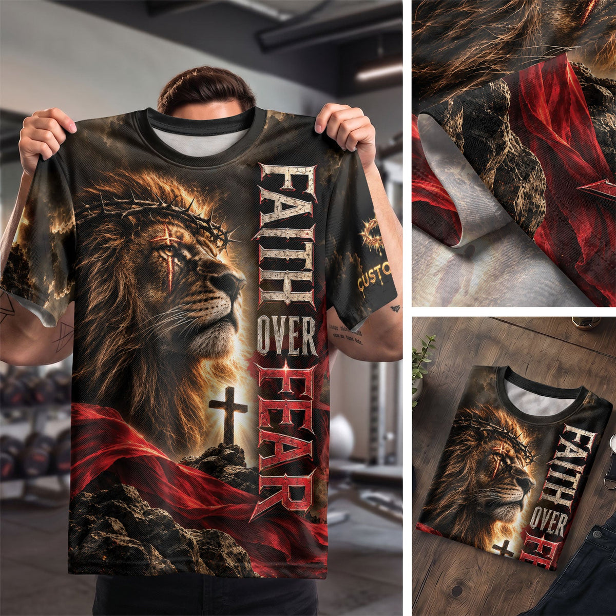 Christian T-Shirt Faith Over Fear Lion Crown Of Thorns Custom Name 3D All Over Print - Rust Field Wear