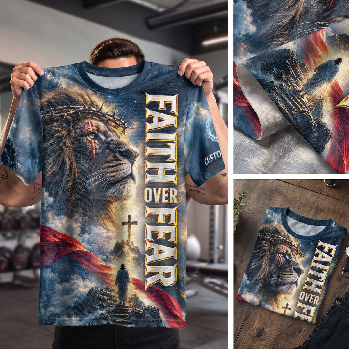 Christian T-Shirt Faith Over Fear Jesus Lion Crown Of Thorns Custom Name 3D All Over Print - Rust Field Wear