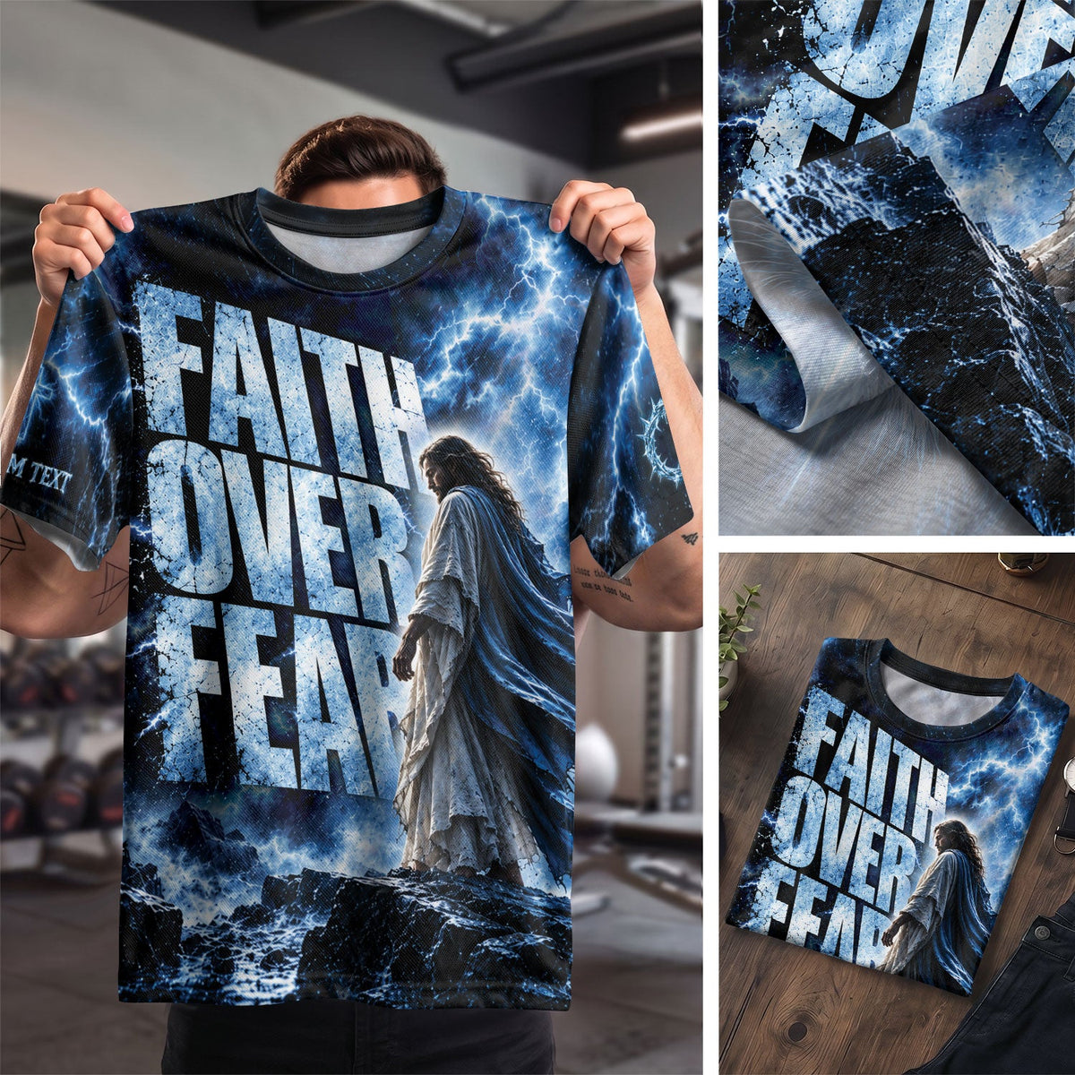 Christian T-Shirt Faith Over Fear Blue Lightning Jesus Lion Custom Name 3D All Over Print - Rust Field Wear