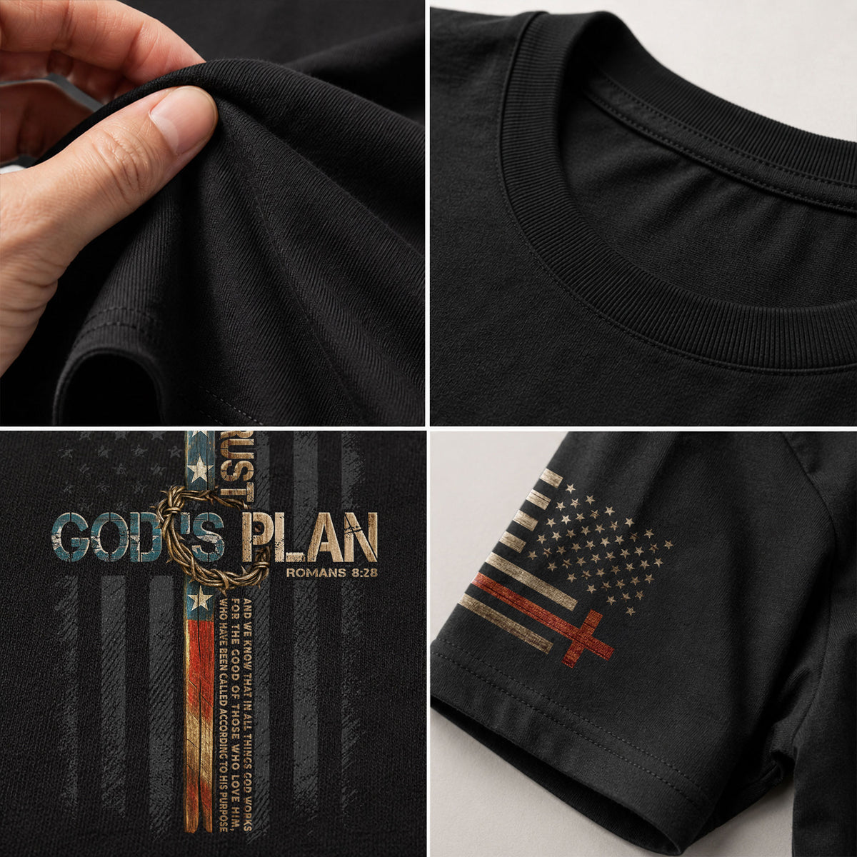 Trust Gods Plan Patriotic Cross Sleeve Print Christian Mens Graphic T Shirt Apparel - Rust Field Wear