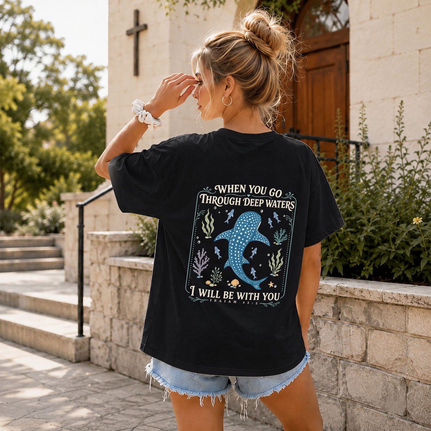 Deep Waters T-Shirt Women Isaiah 43 2 Whale Shark Ocean Bible Verse Christian Gift