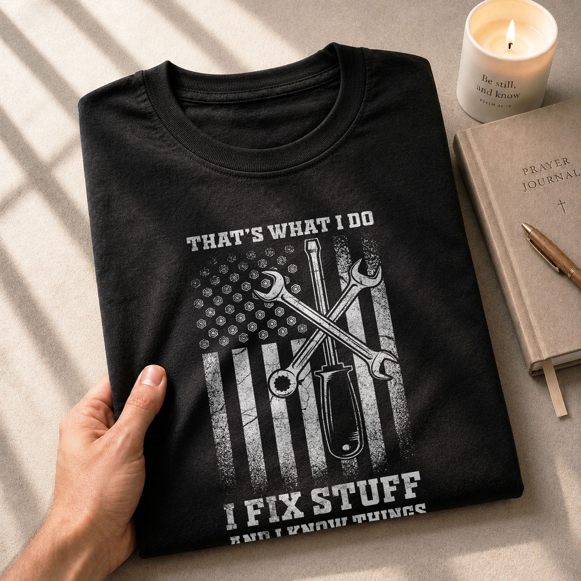 Men Screwdriver Wrench Graphic T-Shirt I Fix Stuff And I Know Things Flag Tee