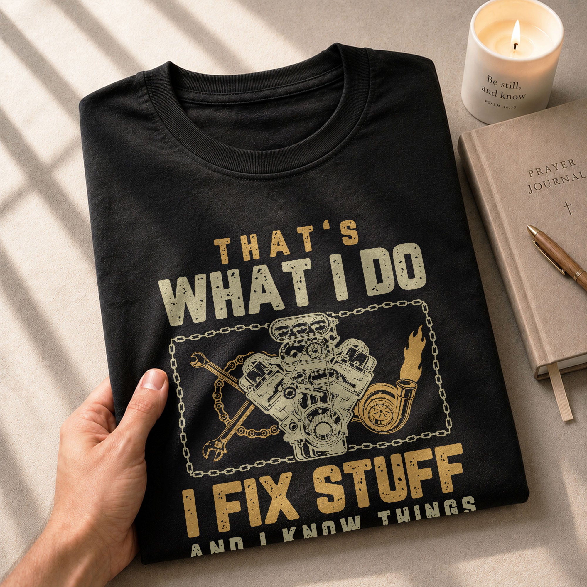 Turbo Mechanic Quote Men T-Shirt I Fix Stuff And I Know Things Graphic Engine Tee