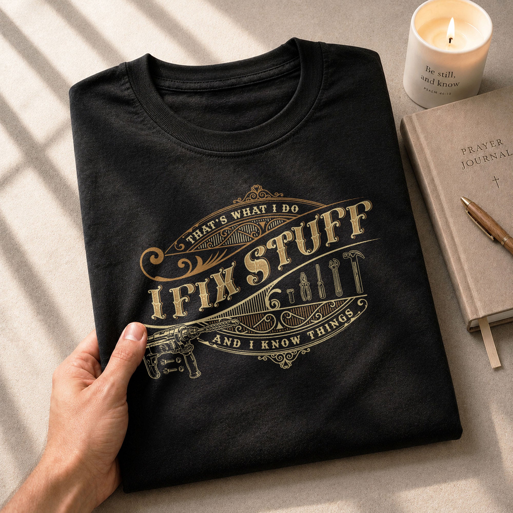 Mens Power Drill Graphic Shirt I Fix Stuff And I Know Things Vintage Badge Tee