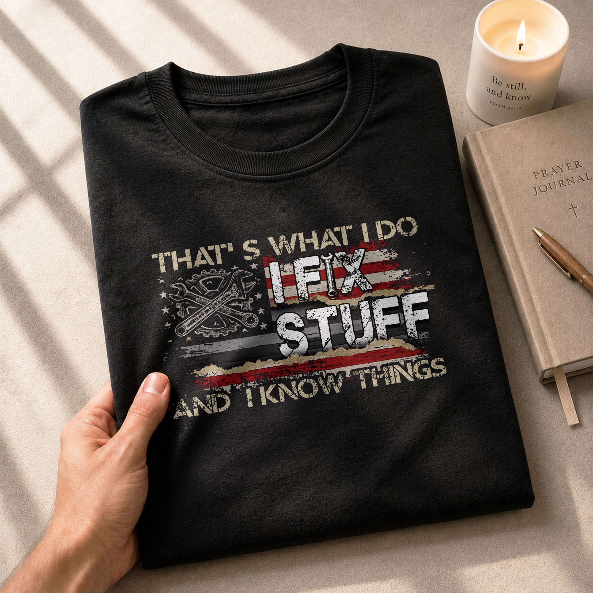 Men Gear Wrench Graphic T-Shirt I Fix Stuff And I Know Things Flag Quote Tee