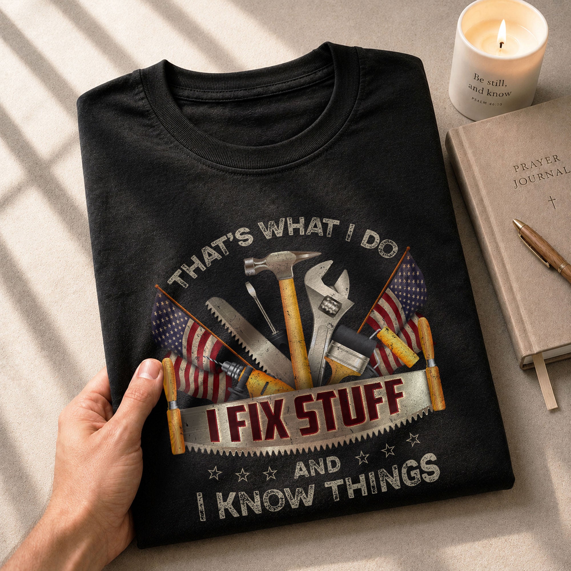Men T-Shirt I Fix Stuff And I Know Things Graphic US Flag Quote 2D Sleeve Shirt