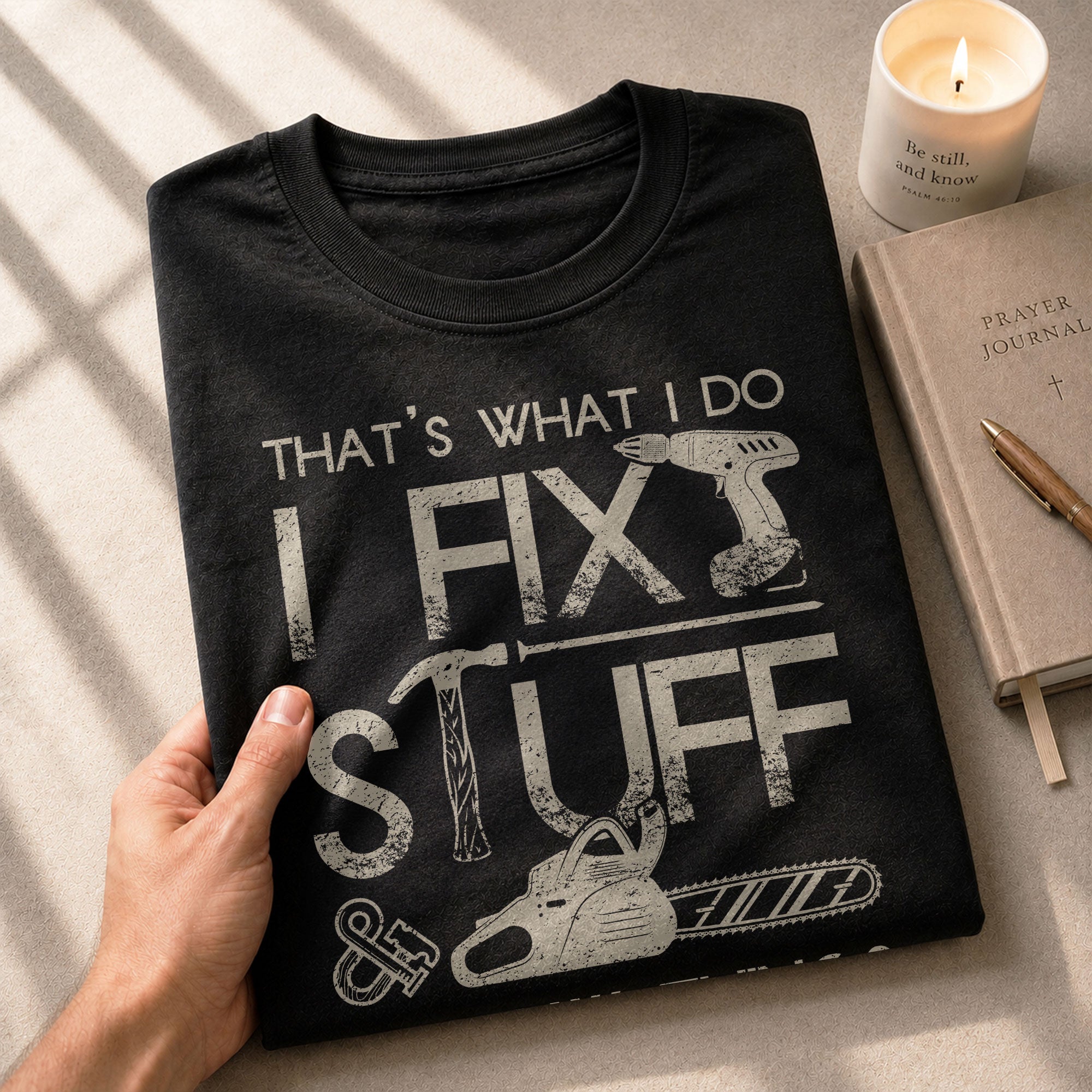 Men Graphic Carpenter Tool T-Shirt I Fix Stuff And I Know Things Drill Quote Tee