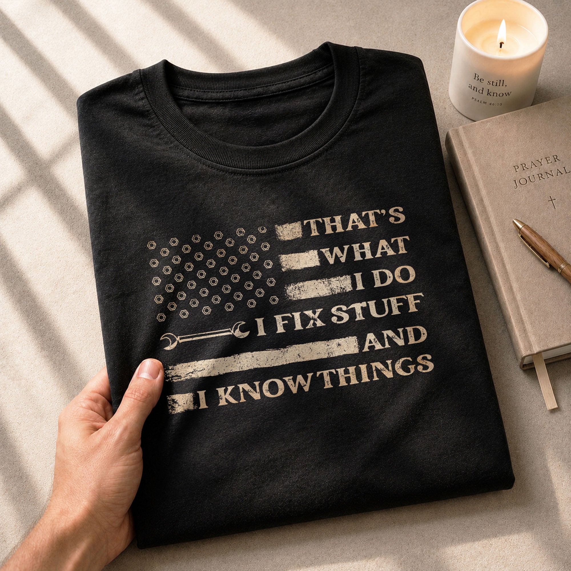 Men Hex Nut Flag Quote I Fix Stuff And I Know Things T-Shirt Graphic Wrench Shirt