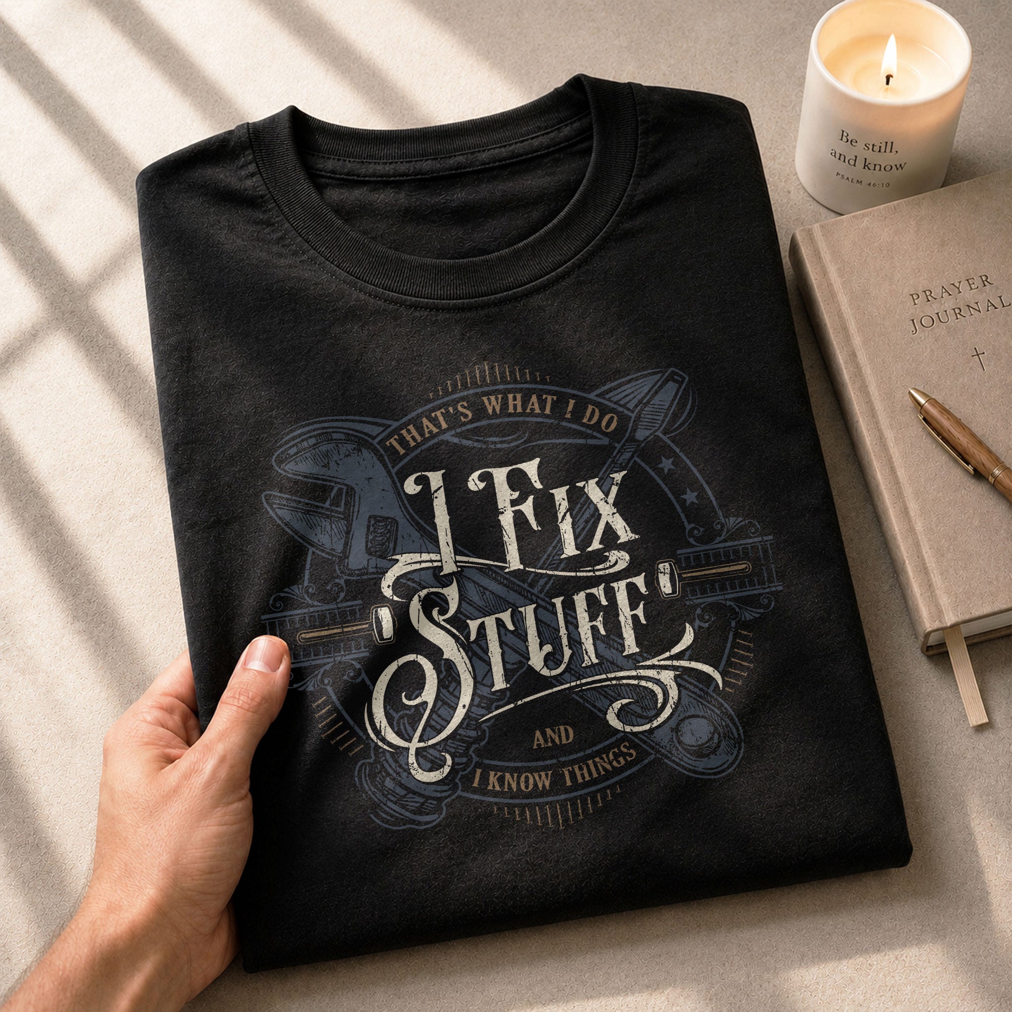 Vintage Calligraphy Quote Men T-Shirt I Fix Stuff And I Know Things Graphic Wrench Tee