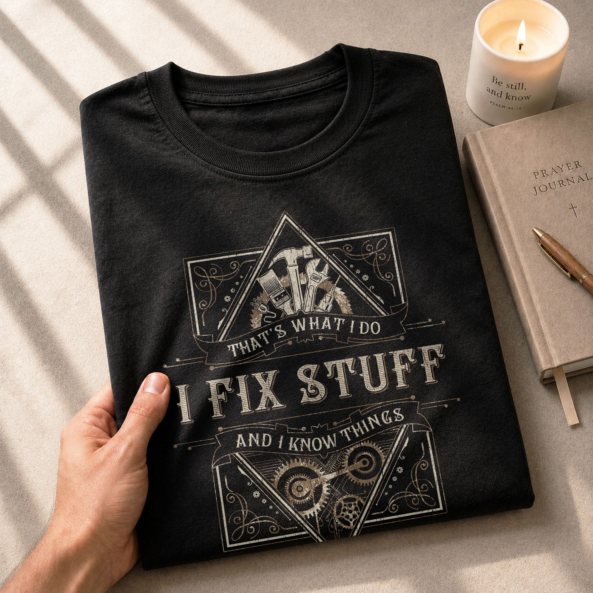 Men Graphic Scrollwork Frame T-Shirt I Fix Stuff And I Know Things Hammer Quote Tee