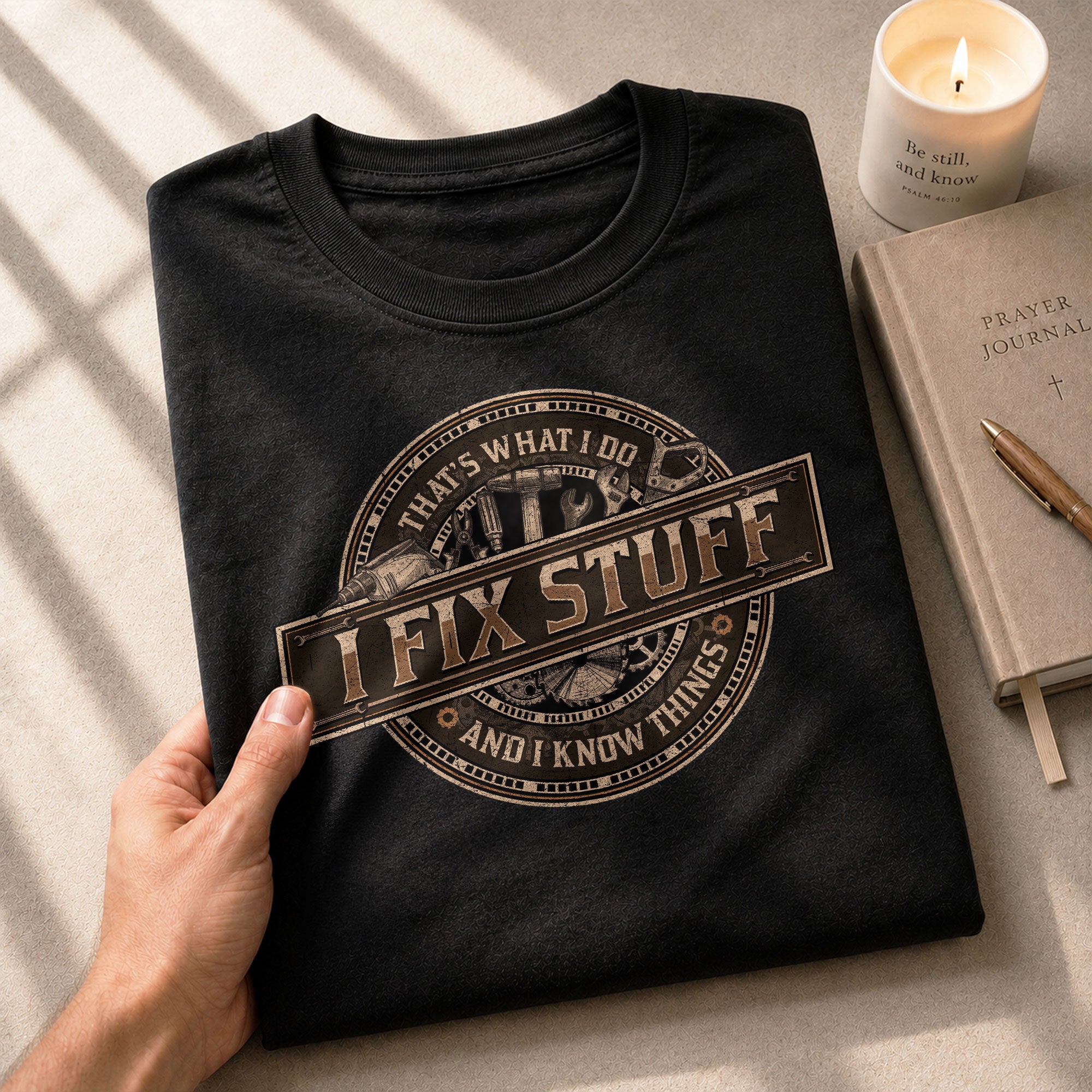 Men Graphic Mechanical Emblem T-Shirt I Fix Stuff And I Know Things Drill Quote Tee
