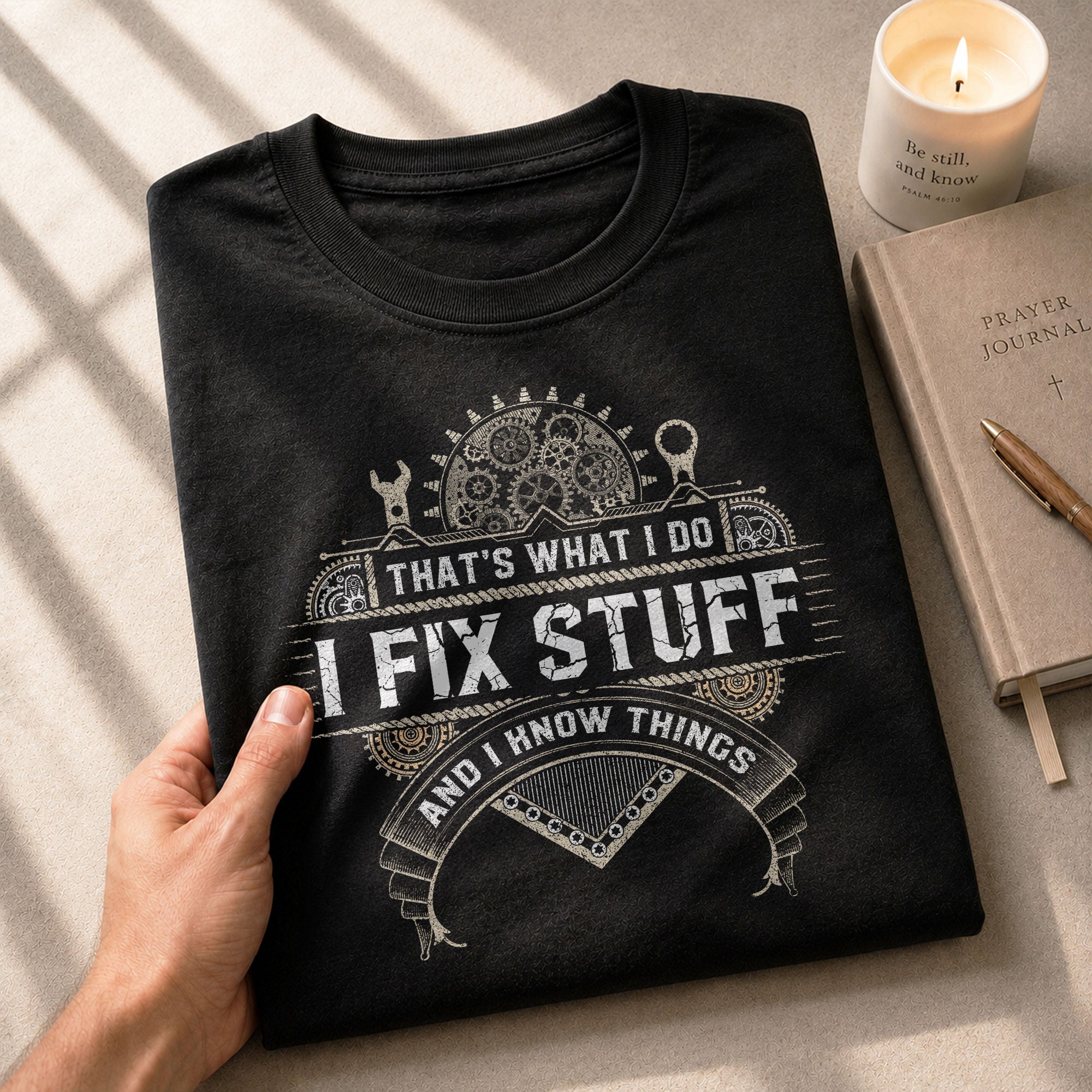 Mechanical Cog Banner Quote Men T-Shirt I Fix Stuff And I Know Things Graphic