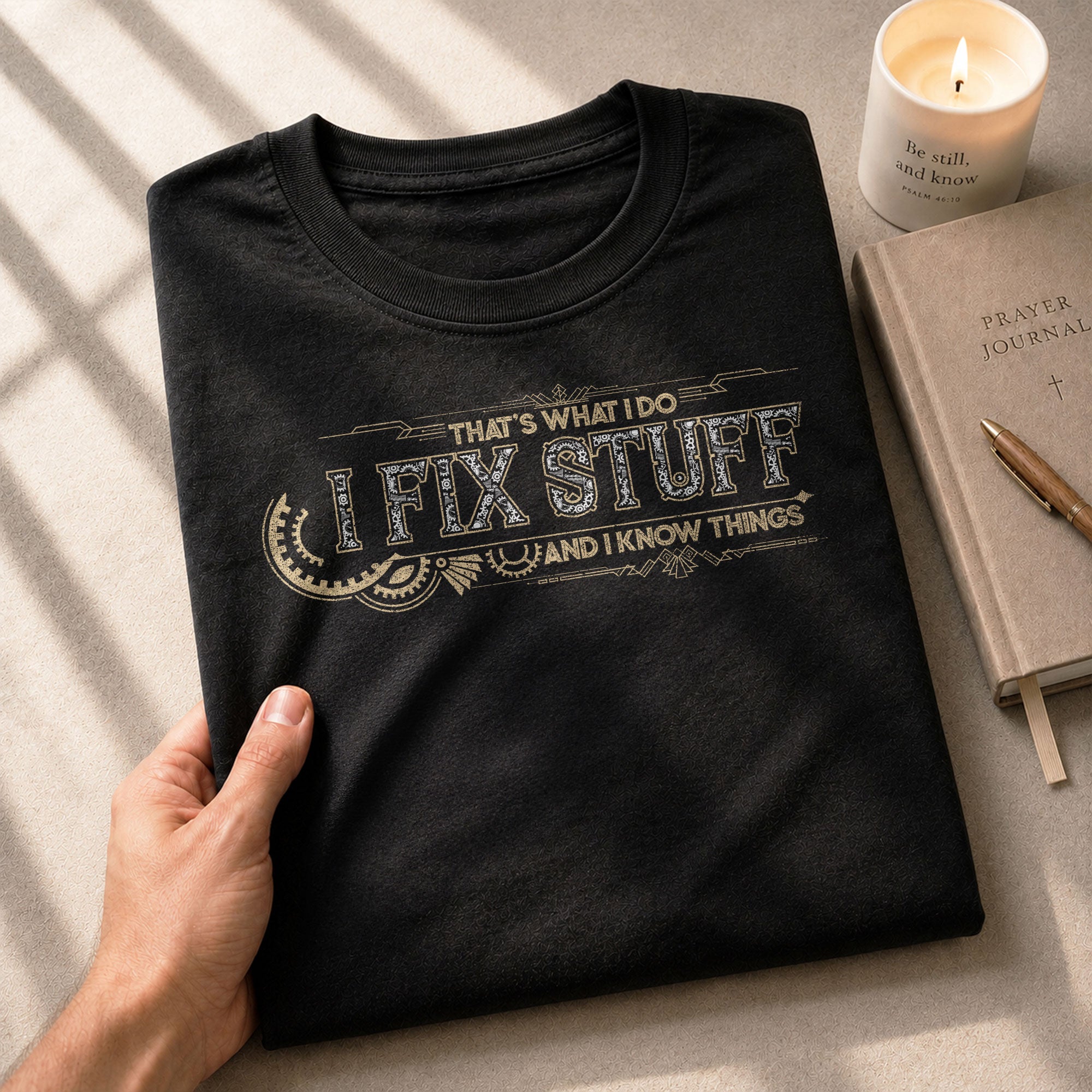 Mechanical Gear Line Quote Men T-Shirt I Fix Stuff And I Know Things Graphic Tee