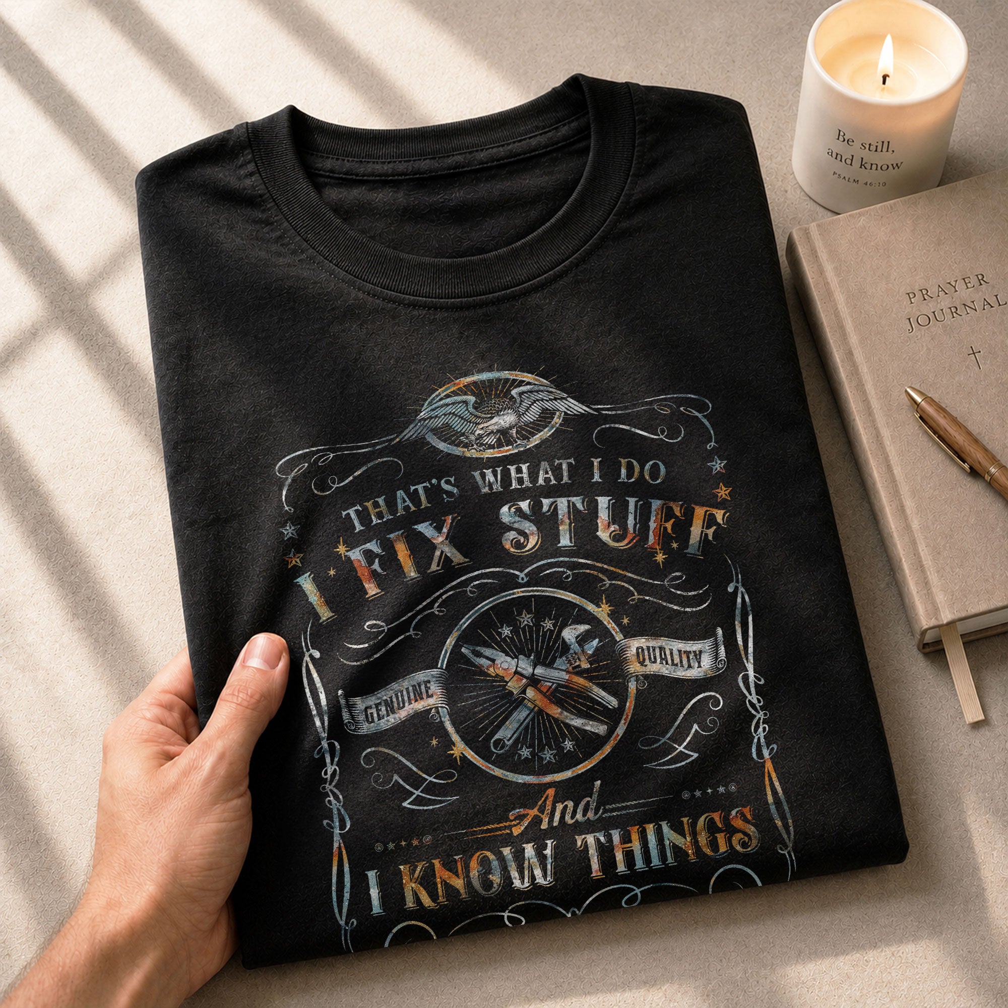 Mens Eagle Crest Graphic T-Shirt I Fix Stuff And I Know Things Wrench Banner