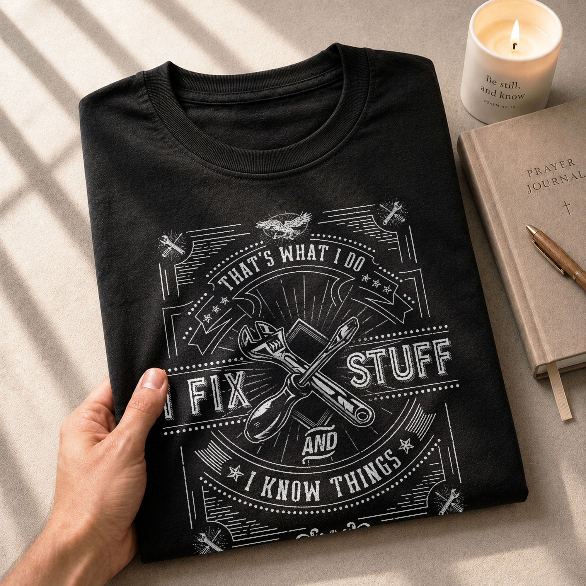Eagle Line Art Quote Men T-Shirt I Fix Stuff And I Know Things Graphic Tool Tee
