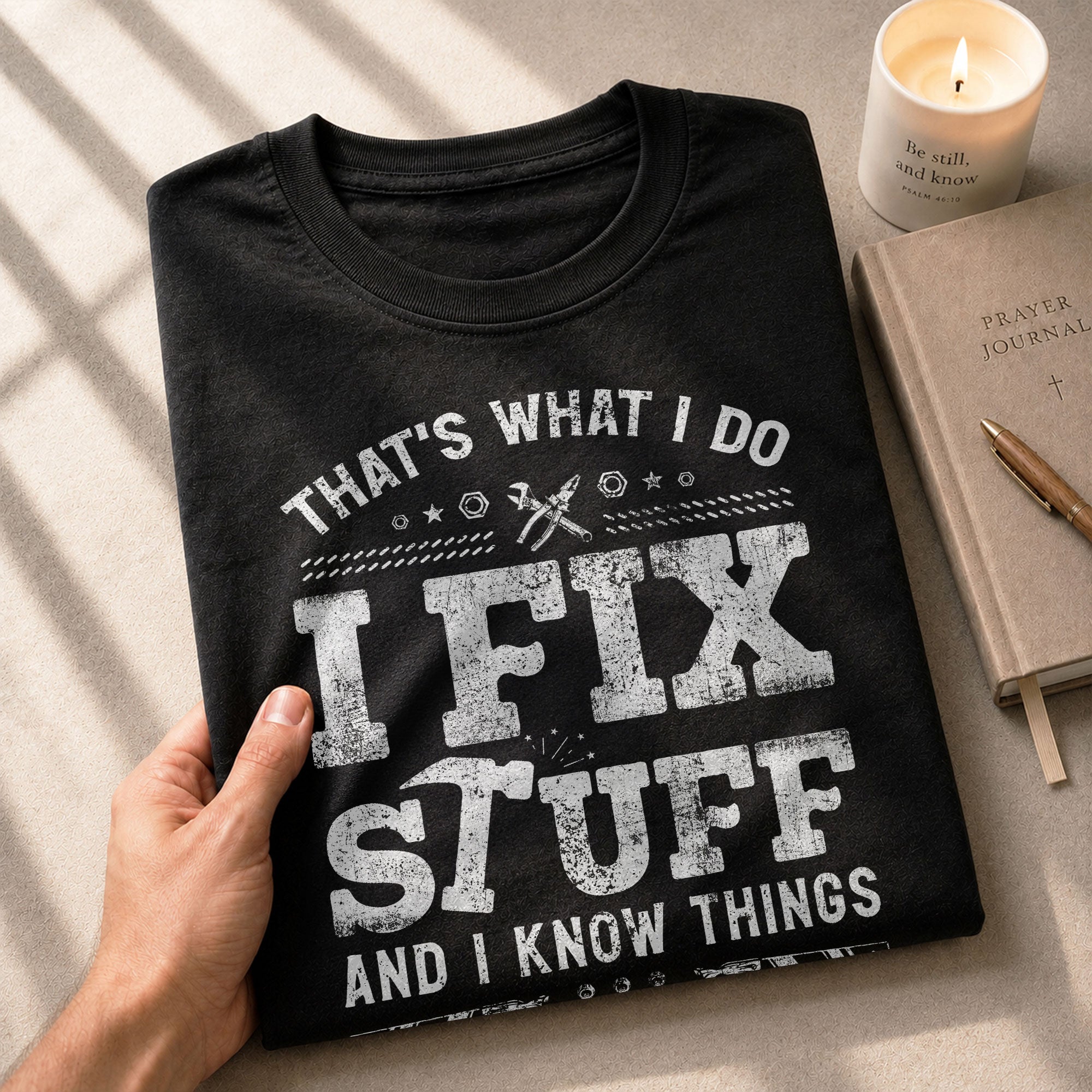 Men Graphic Carpenter Tool T-Shirt I Fix Stuff And I Know Things Distressed Quote Tee
