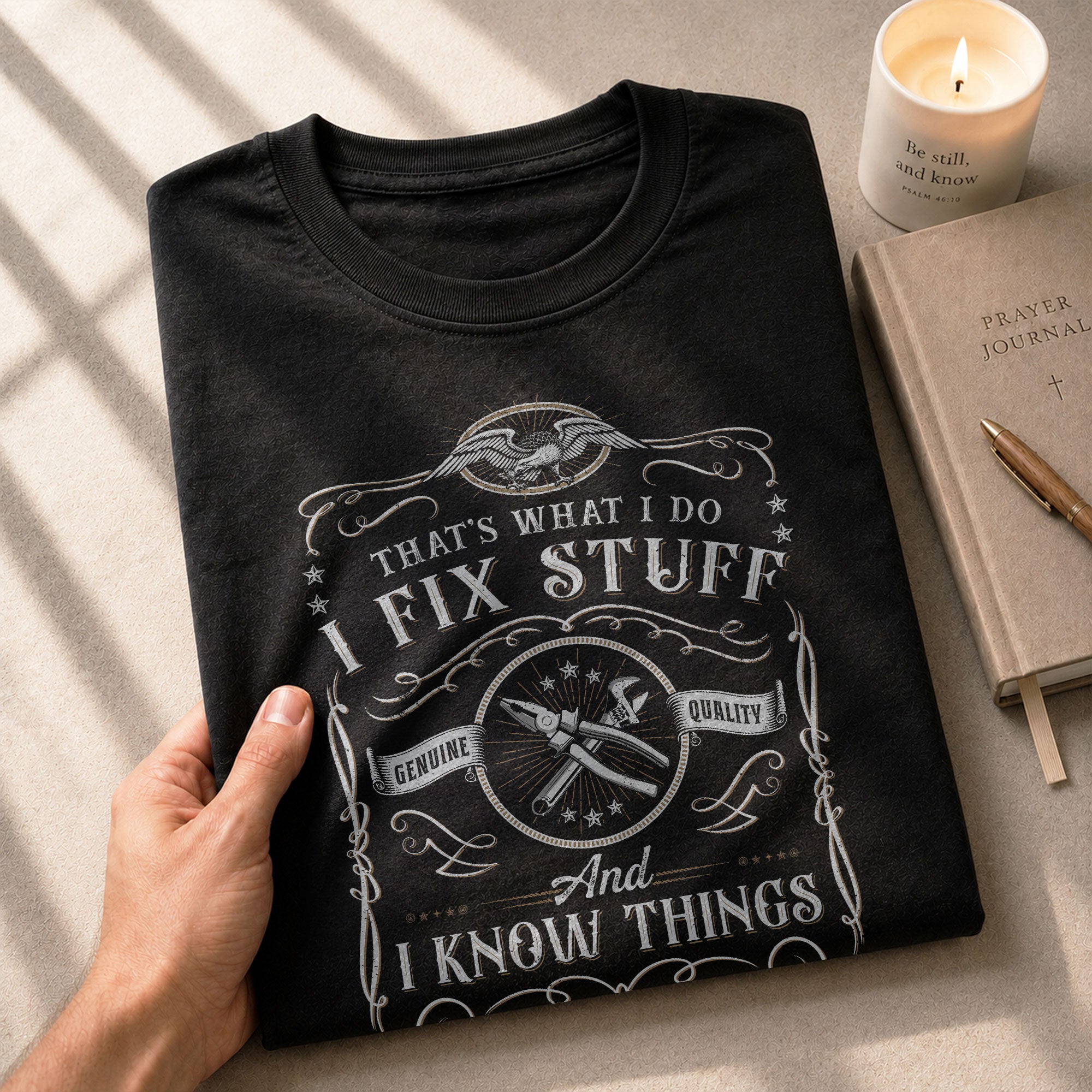 Graphic Shirt Men I Fix Stuff And I Know Things Label Quote T-Shirt Sleeve Details