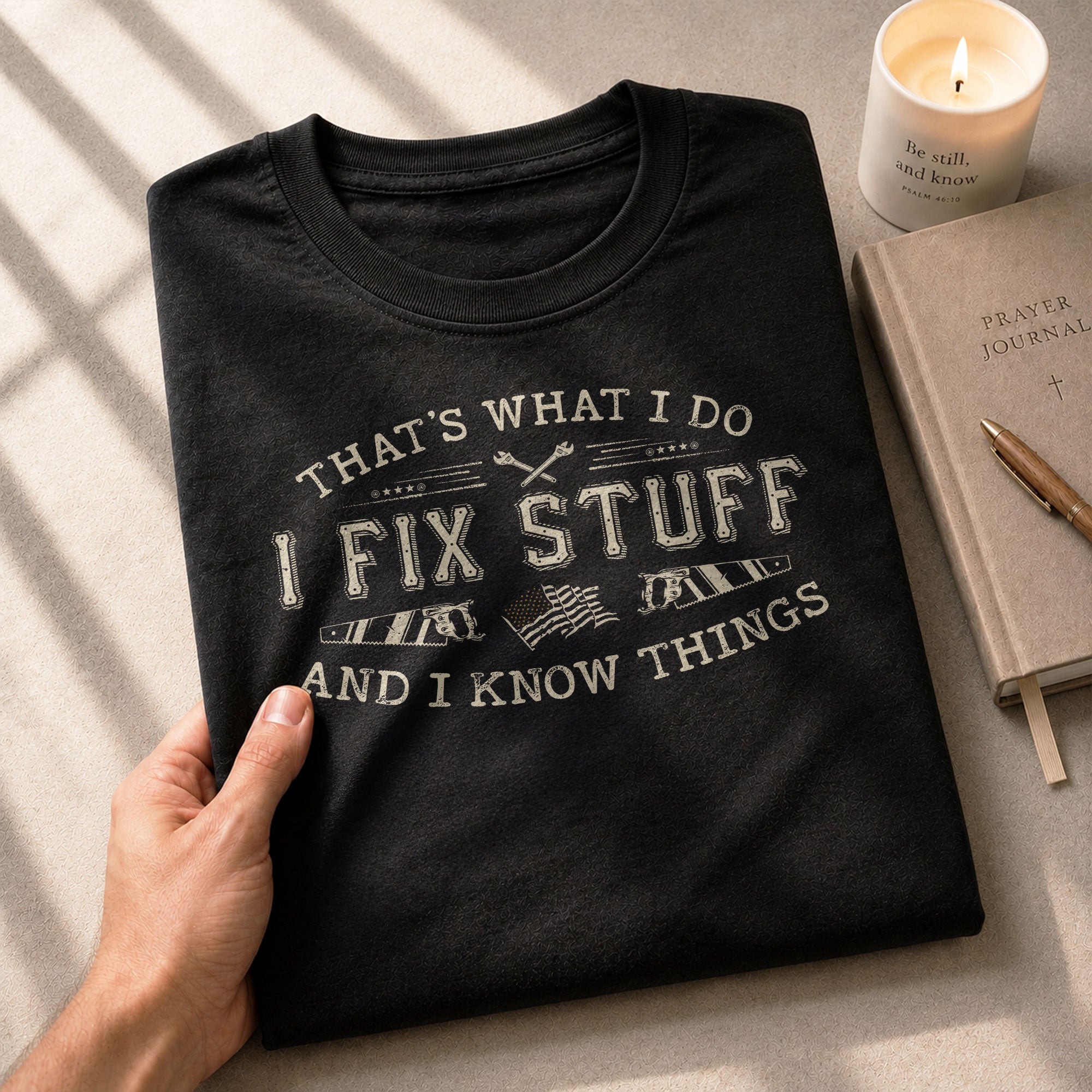 Men Novelty Quote I Fix Stuff And I Know Things T-Shirt Graphic Flag Print Sleeves