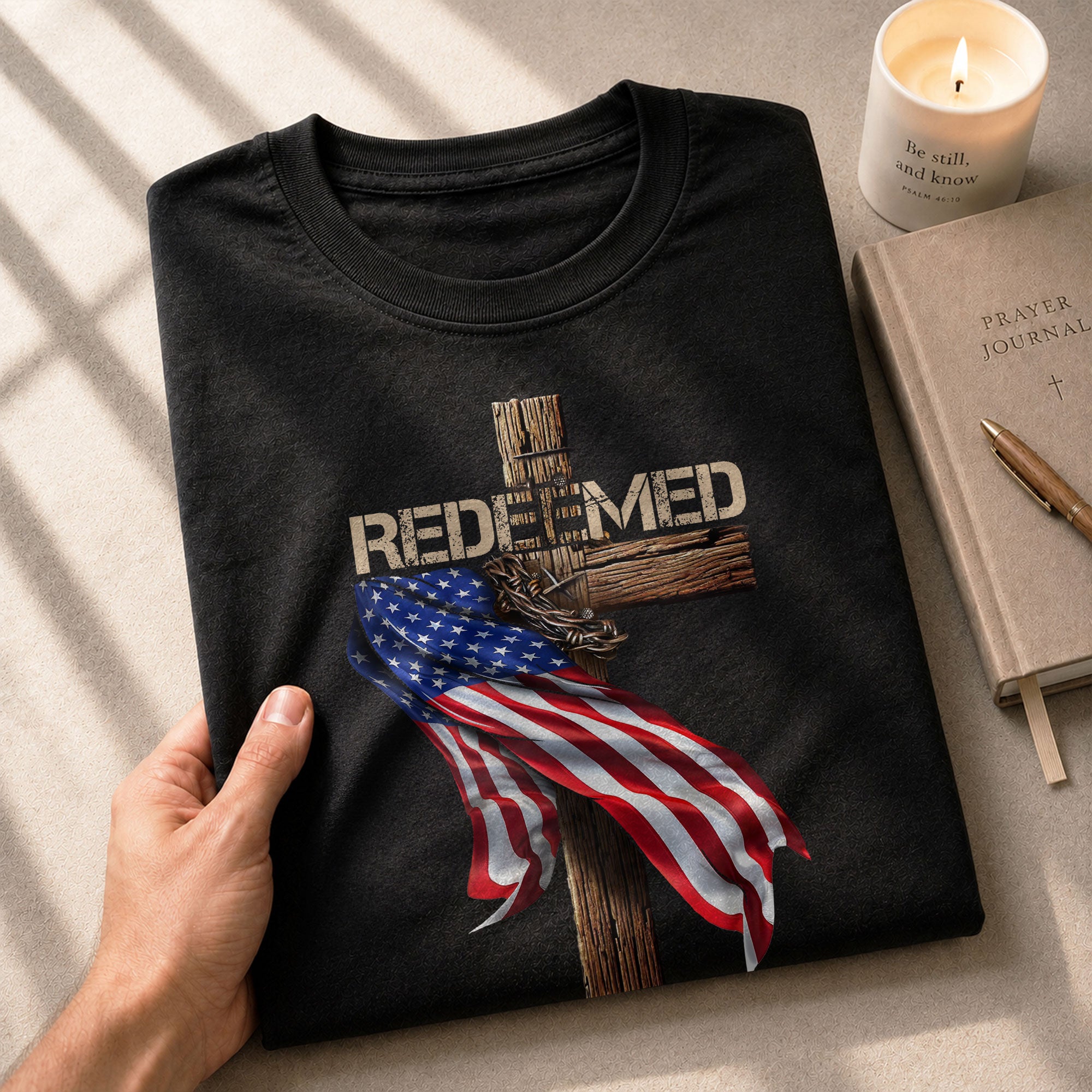 Redeemed by Christ American Flag Cross - Christian Shirts for Men, Faith Based Christian Tee Shirts - Rust Field Wear