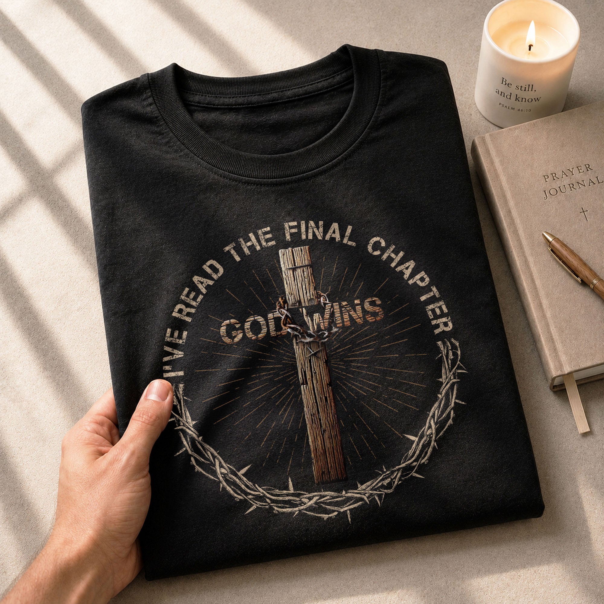 God Wins Cross and Crown Of Thorns Christian - Christian Tee Shirts, Christian Shirts for Men - Rust Field Wear
