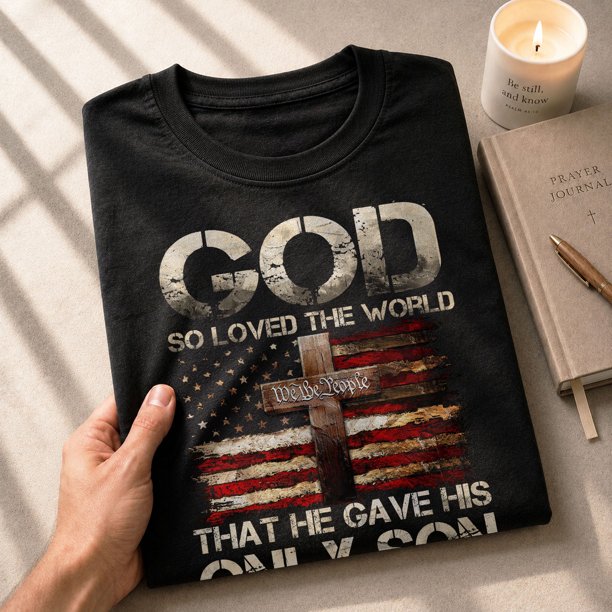 God So Loved The World Only Son Cross and Flag, Christian Tee Shirts - Faith Shirts for Men - Rust Field Wear