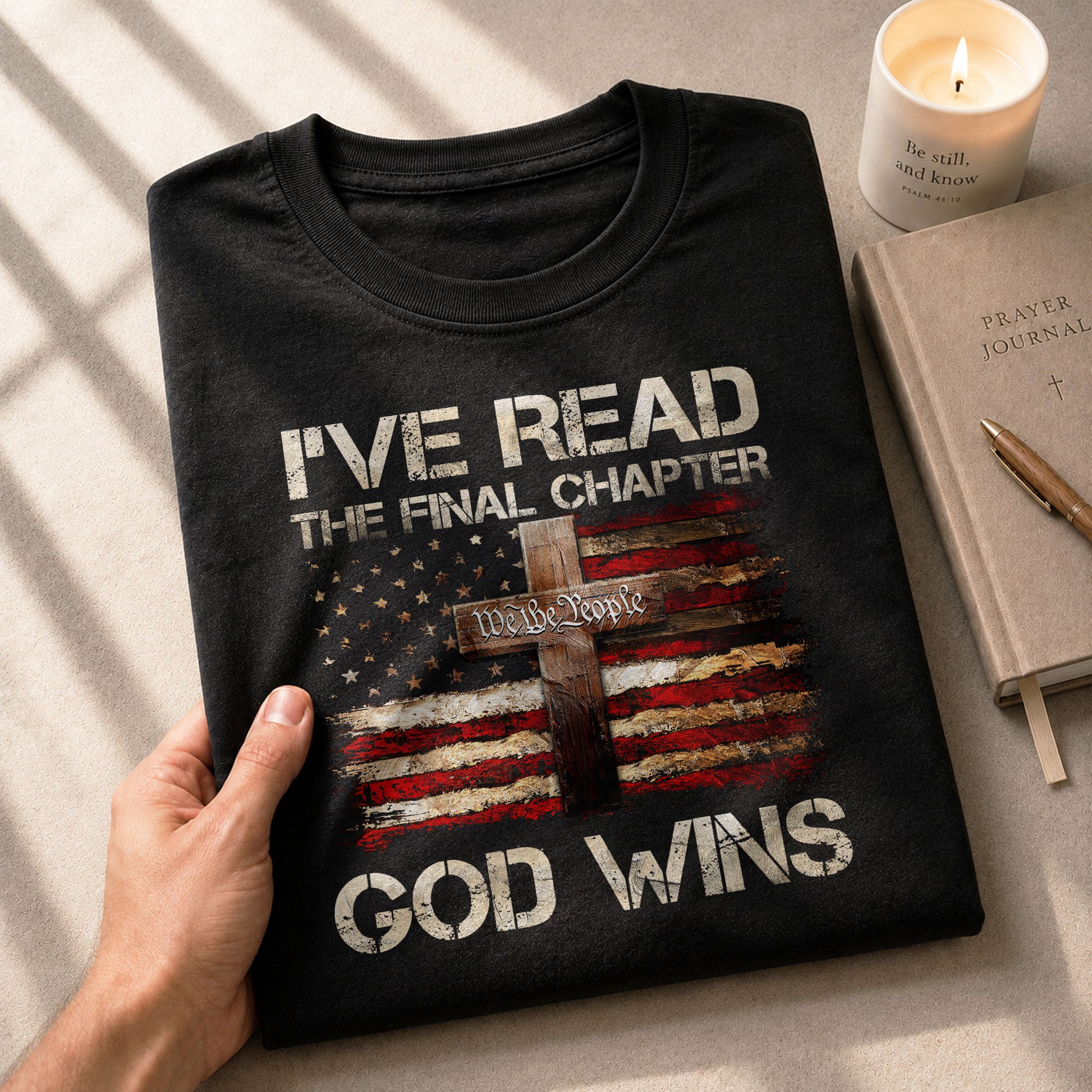 Christian Tee Shirts, God Wins Christian American Flag Cross - Christian Shirts for Men - Rust Field Wear