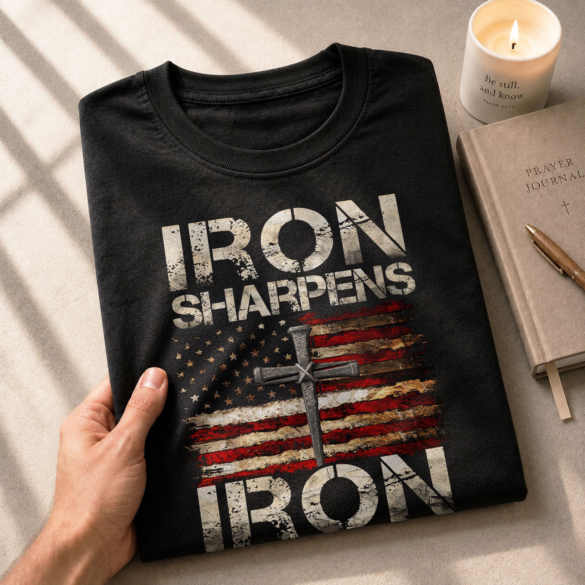 Iron Sharpens Iron Proverbs 27:17 Patriotic Christian - Christian Shirts for Men, Faith Based Christian Tee Shirts - Rust Field Wear