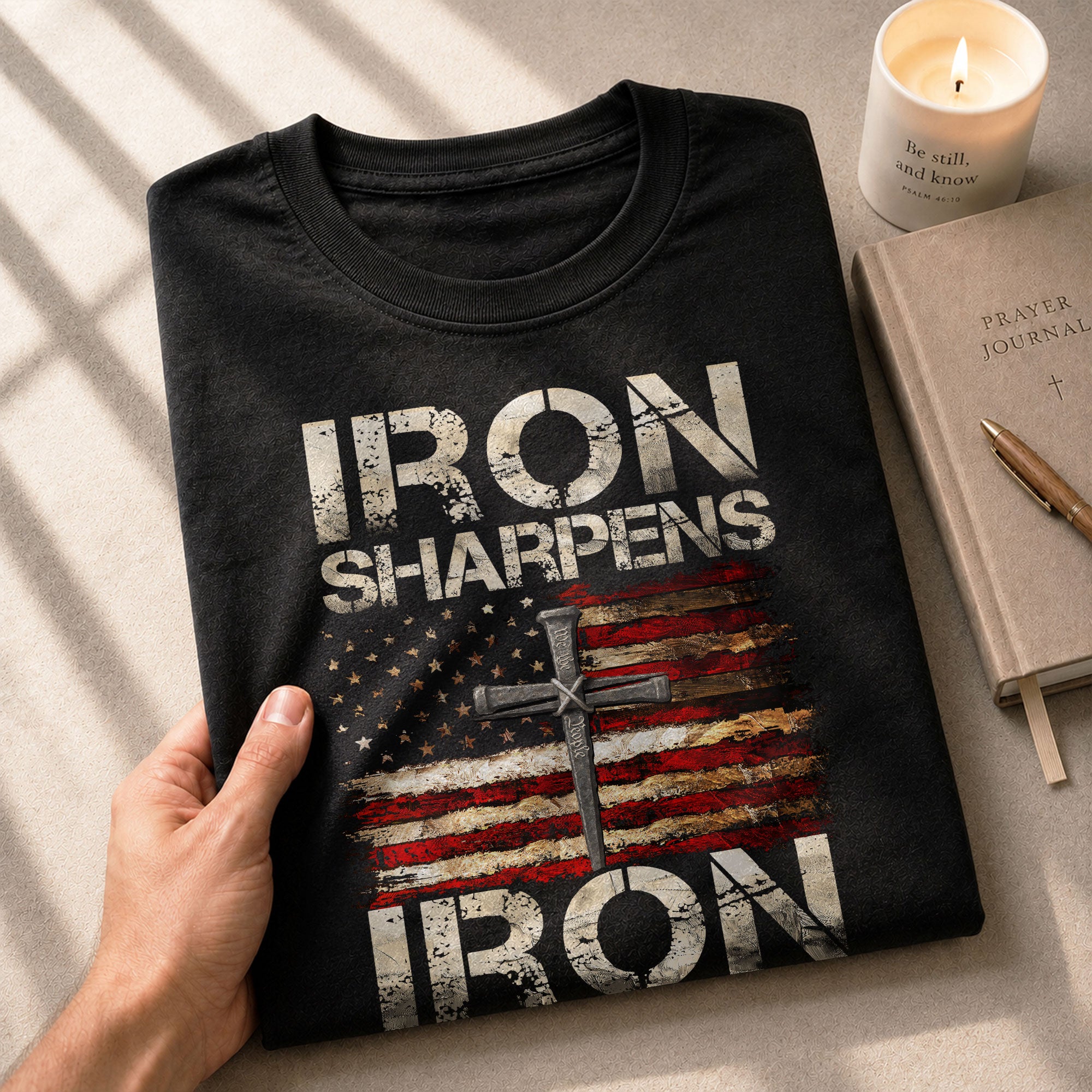 Iron Sharpens Iron Proverbs 27:17 Patriotic Christian - Christian Shirts for Men, Faith Based Christian Tee Shirts - Rust Field Wear