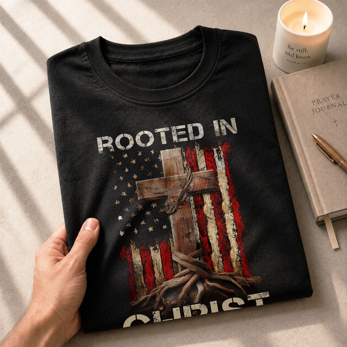 Rooted In Christ American Flag Cross, Christian Shirts for Men - Christian Tee Shirts - Rust Field Wear