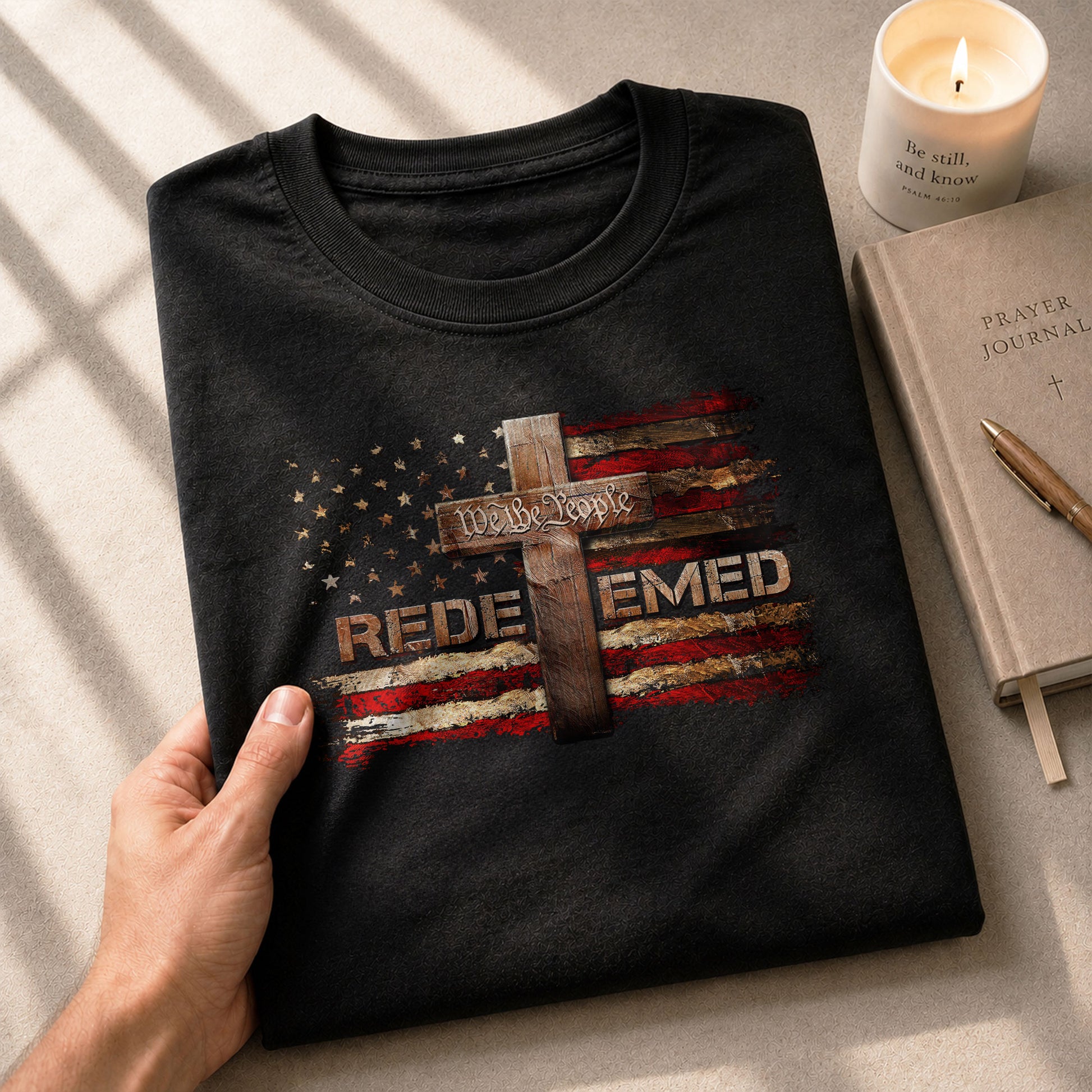 Christian Tee Shirts, Redeemed We The People Cross - Christian Shirts for Men - Rust Field Wear