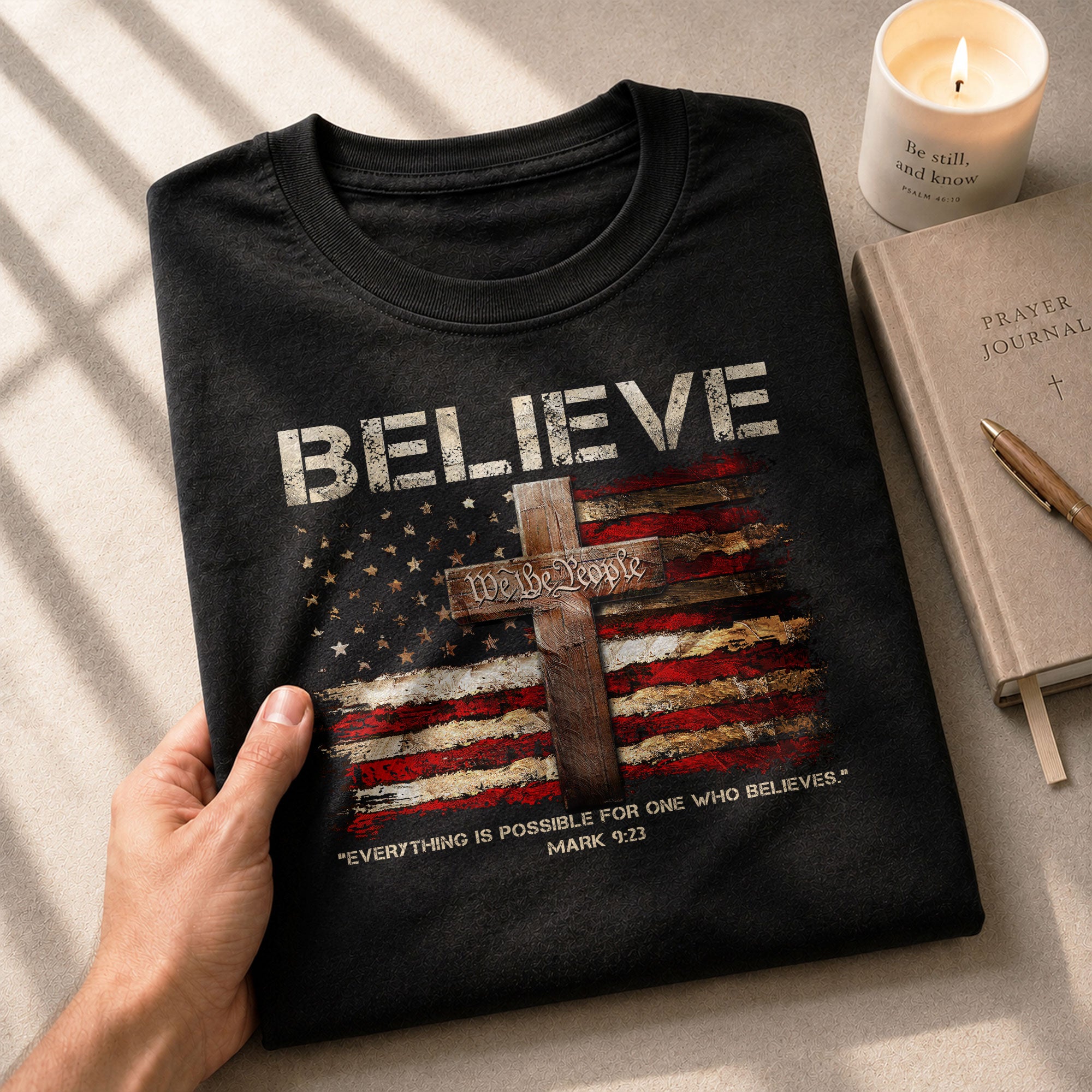 BELIEVE Faith in Action, Powered by Mark 9:23 - Christian Tee Shirts, Christian Shirts for Men - Rust Field Wear