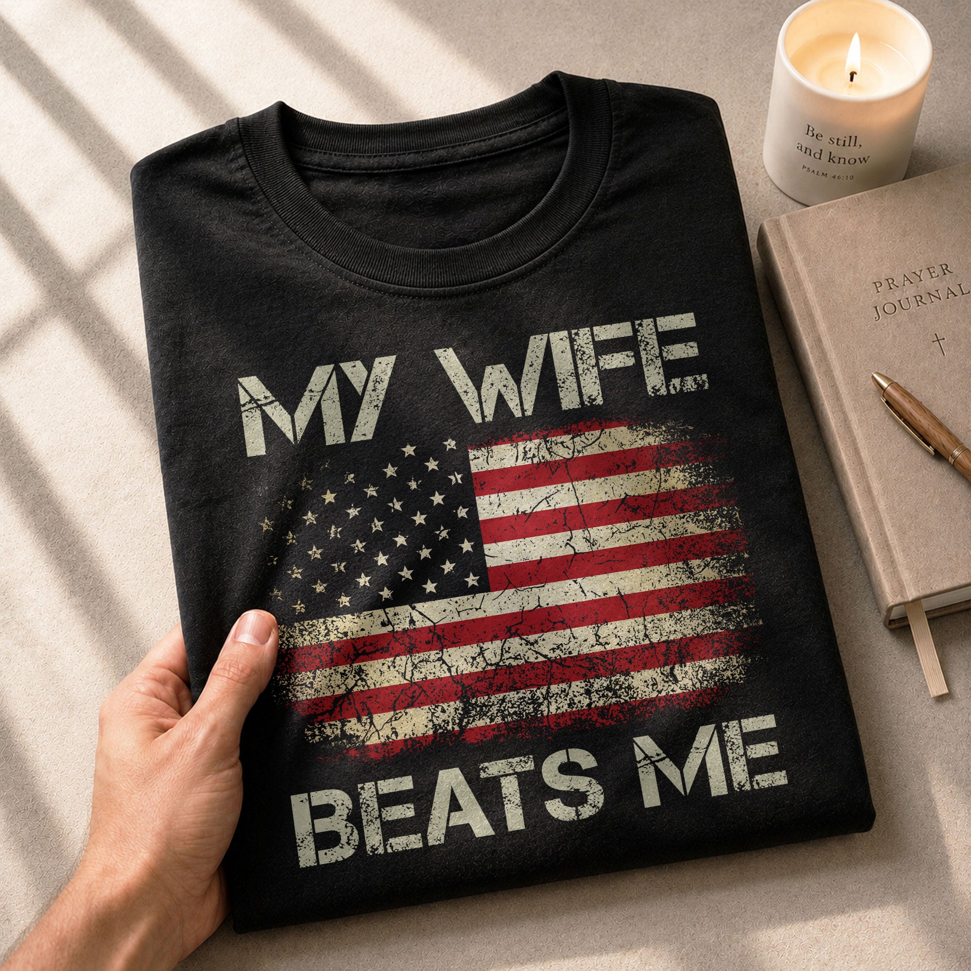 Funny Joke Quote My Wife Beats Me Men American Flag Graphic Shirt Casual Novelty Tops