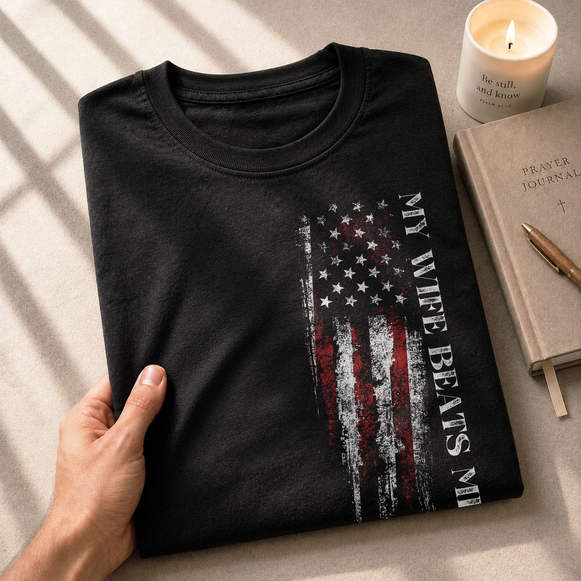 Funny Vertical Flag Quote My Wife Beats Me Men Graphic Shirt Casual Novelty Tops