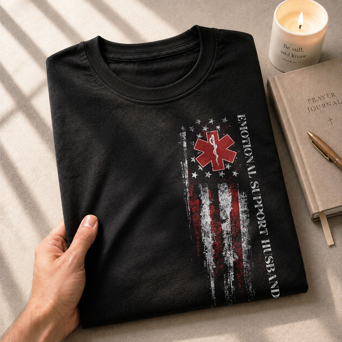 Funny Vertical Emotional Support Husband Flag Graphic Tee Shirt Casual Apparel Top