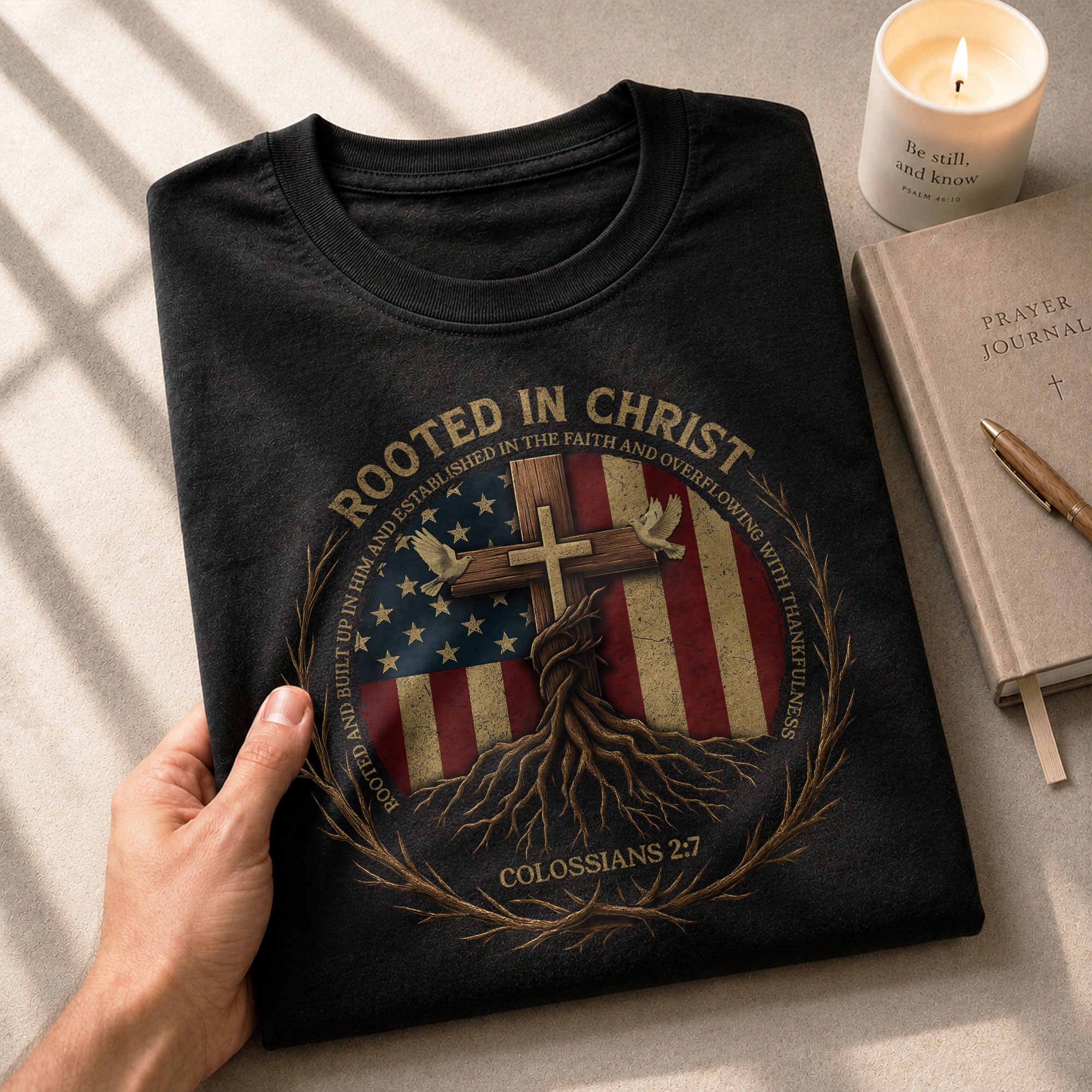 Christian Tee Shirts, Rooted in Christ Colossians 2:7 American Flag Faith - Christian Shirts for Men - Rust Field Wear