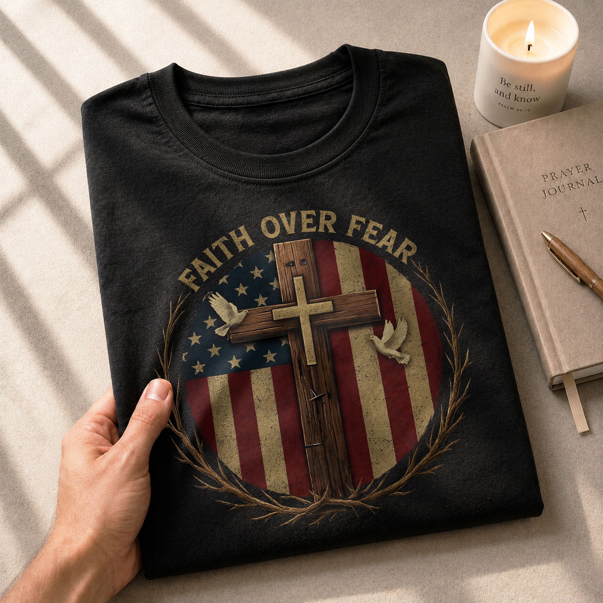 Faith Based Christian Tee Shirts, Faith Over Fear American Flag Cross Christian - Christian Shirts for Men - Rust Field Wear