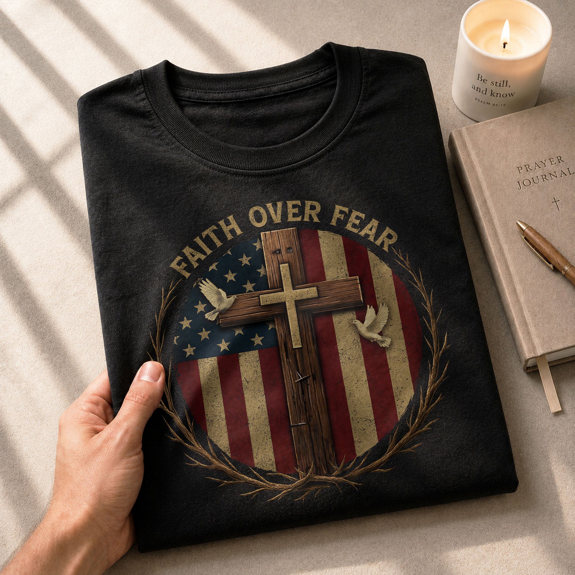 Faith Based Christian Tee Shirts, Faith Over Fear American Flag Cross Christian - Christian Shirts for Men - Rust Field Wear
