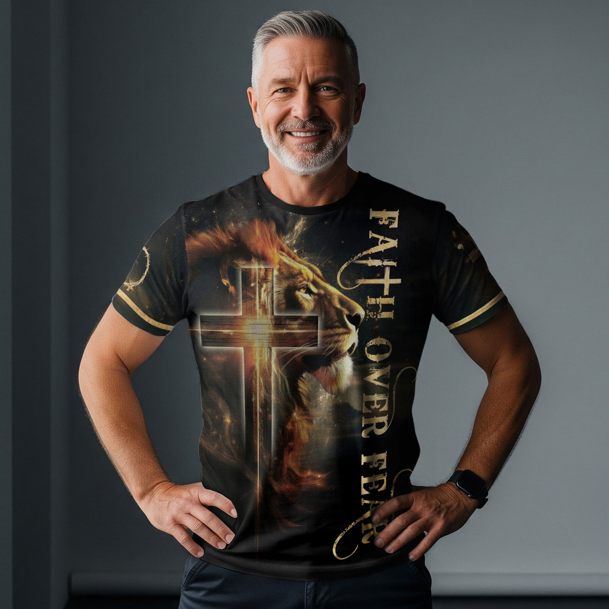 Christian Tee Shirts, Faith Over Fear Lion and Cross - Freedom Shirts for Men, RustField Co - Rust Field Wear