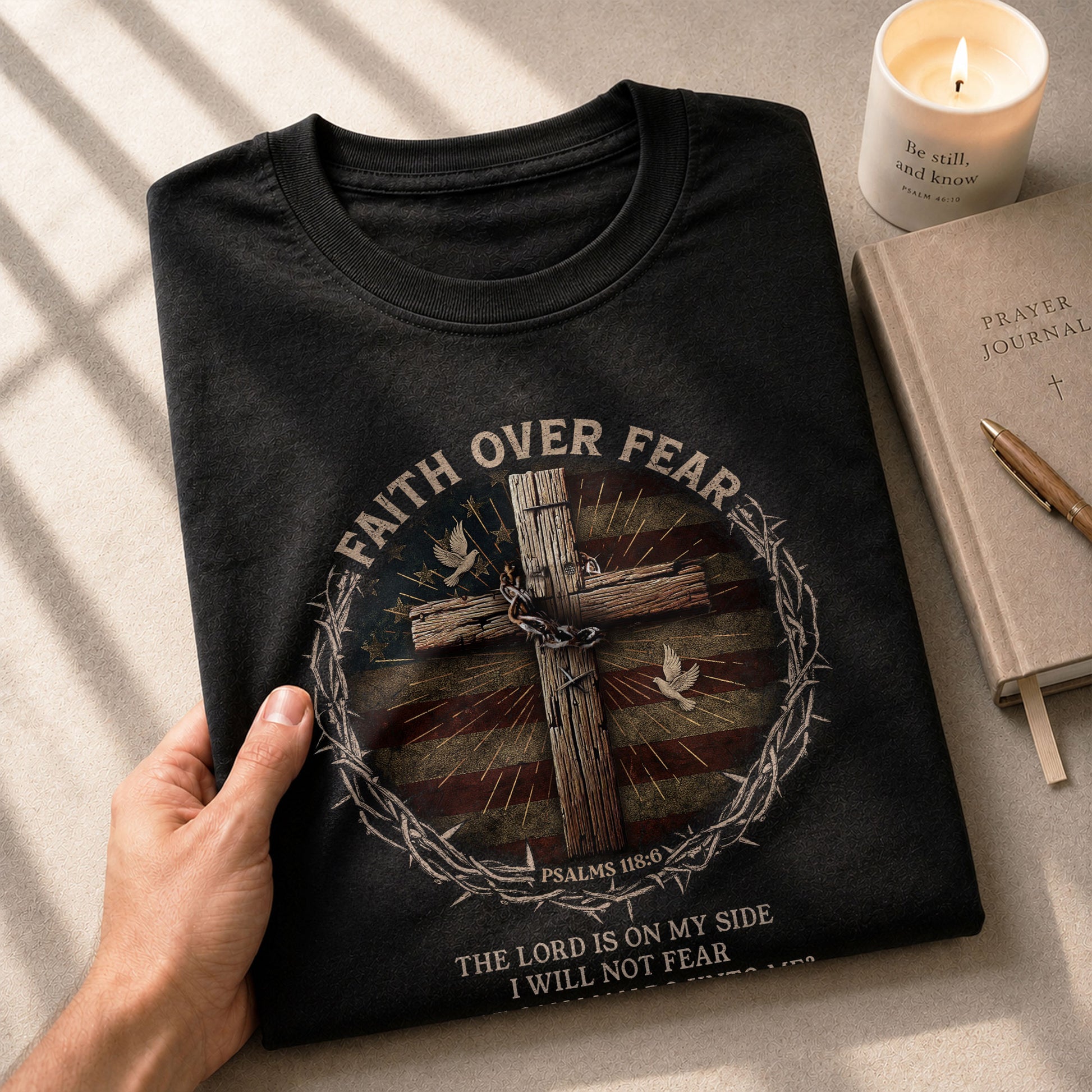 Christian Shirts for Men, Faith Over Fear Psalm 118:6 Warrior - Christian Tee Shirts - Rust Field Wear