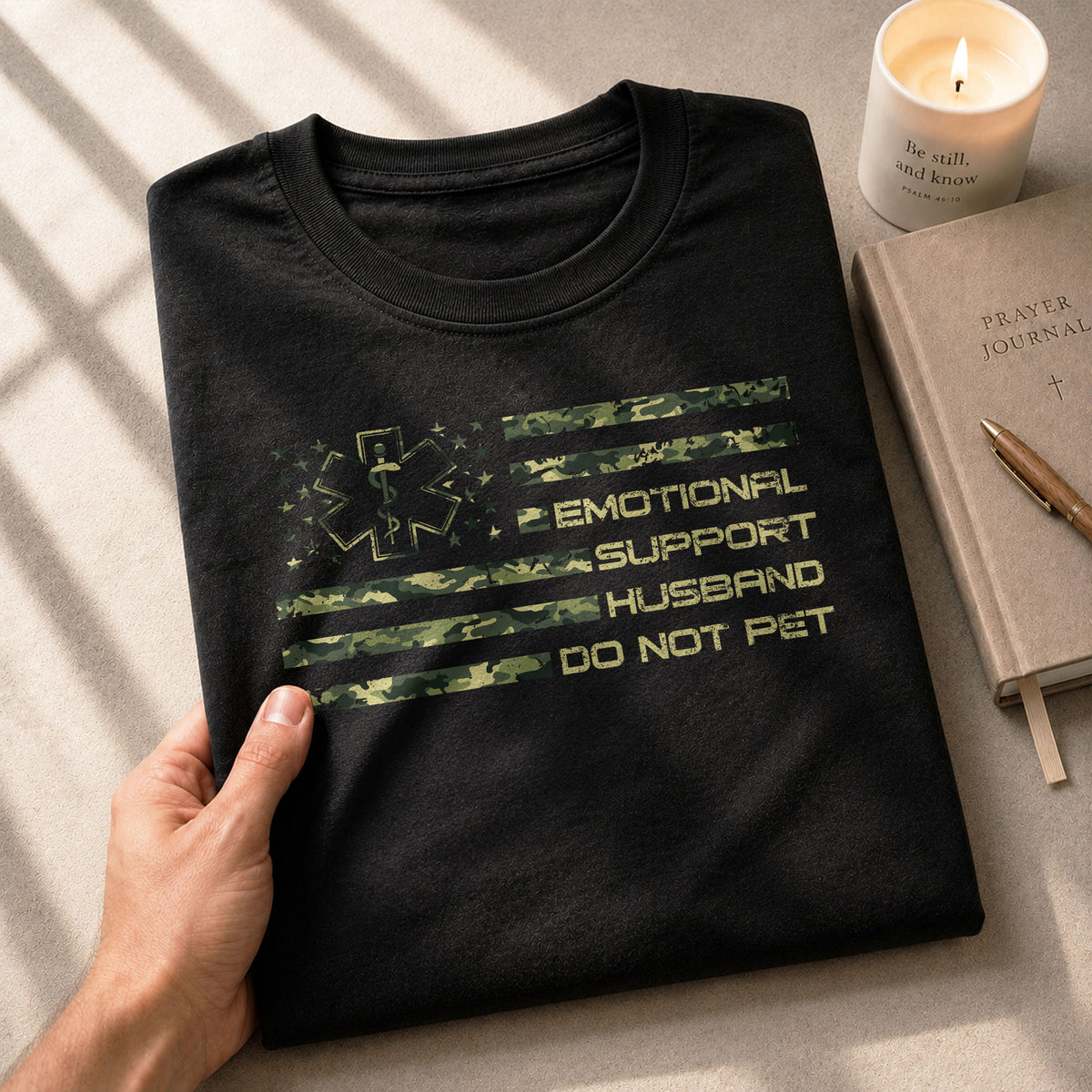 Sarcastic Emotional Support Husband Do Not Pet Camo Flag Tee Shirt Cotton Apparel